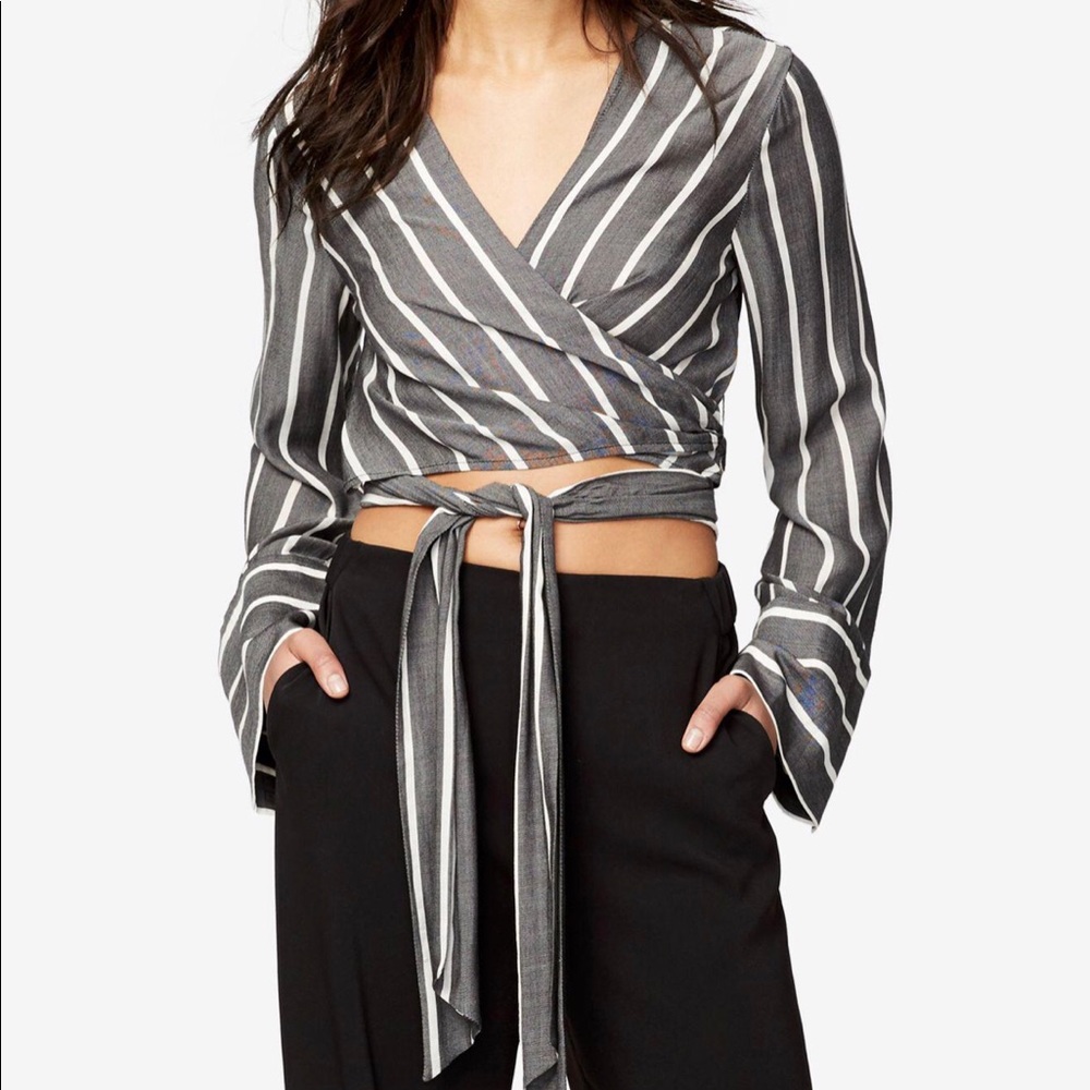 RACHEL Rachel Roy Gray Striped Wrap Blouse